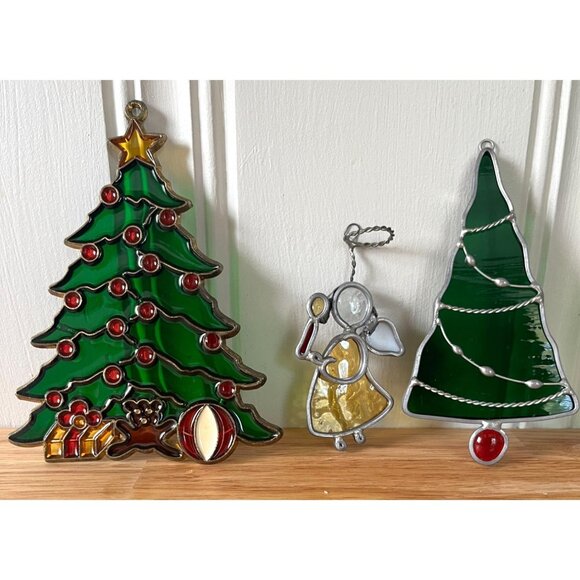Vintage Stained Glass Christmas Tree & Angel Sun Catcher Set - Picture 1 of 11